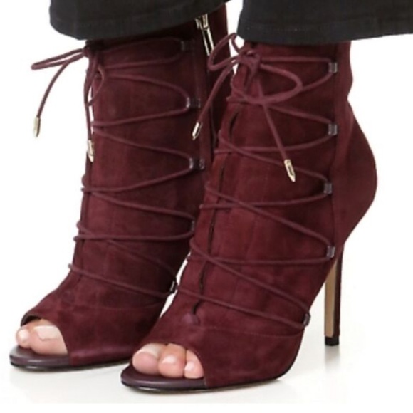 Sam Edelman Asher Suede Merlot Open Toe Lace Up Side Zip Stiletto Ankle Bootie - Picture 2 of 8